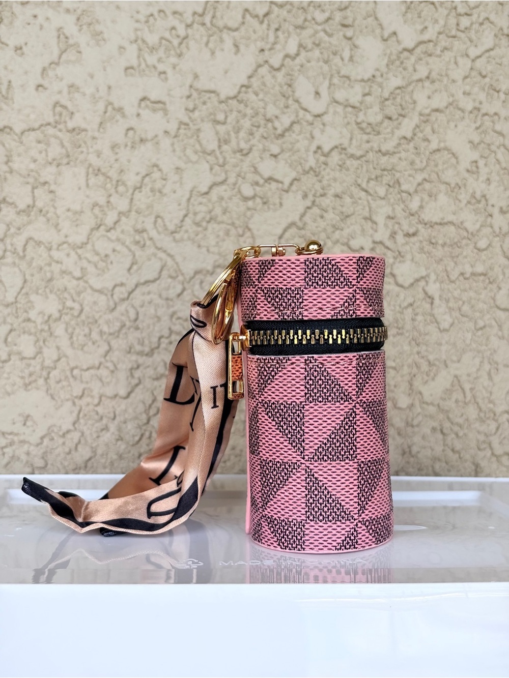 Pink Patterned Cylinder Compartment Bag with Scarf Accent